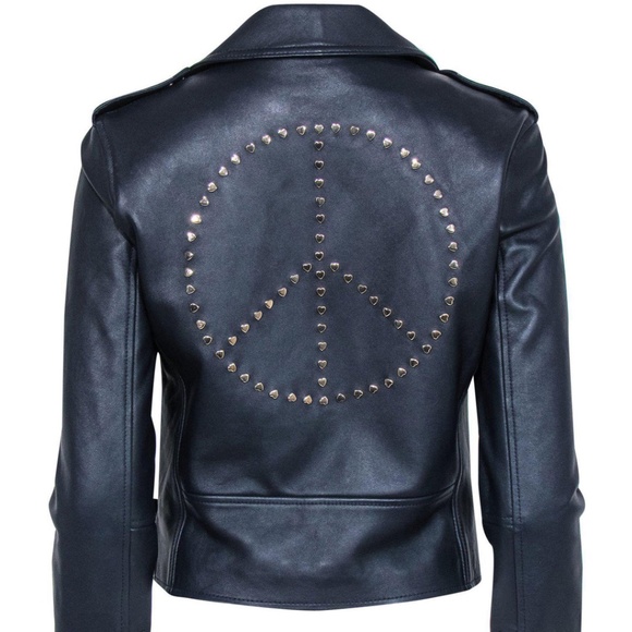 MICHAEL MICHAEL KORS MOTO LEATHER JACKET WITH BACK STUDDED PEACE SIGN M - Picture 1 of 8